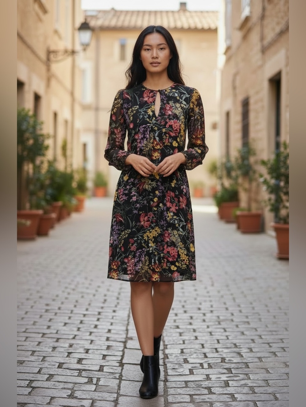H&M Dark Floral Long Sleeve Dress Size 6 Boho Cottagecore Fall Dress